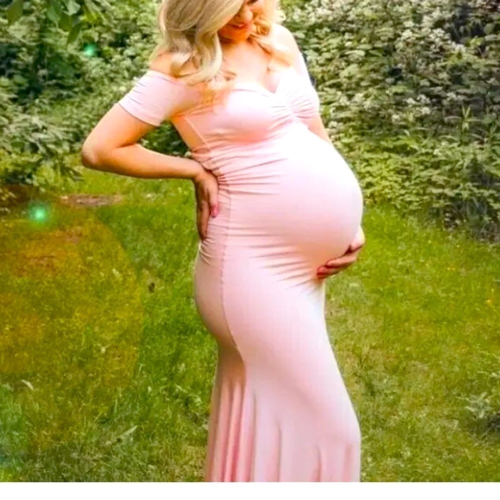 Maternity Baby Shower dress Off Shoulders short Sleeves high low Hem pink